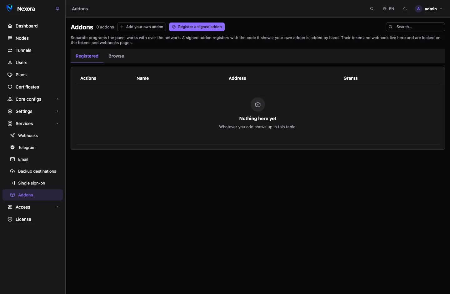 The Addons page: registered addons with their health and grants, and the Browse tab of the directory