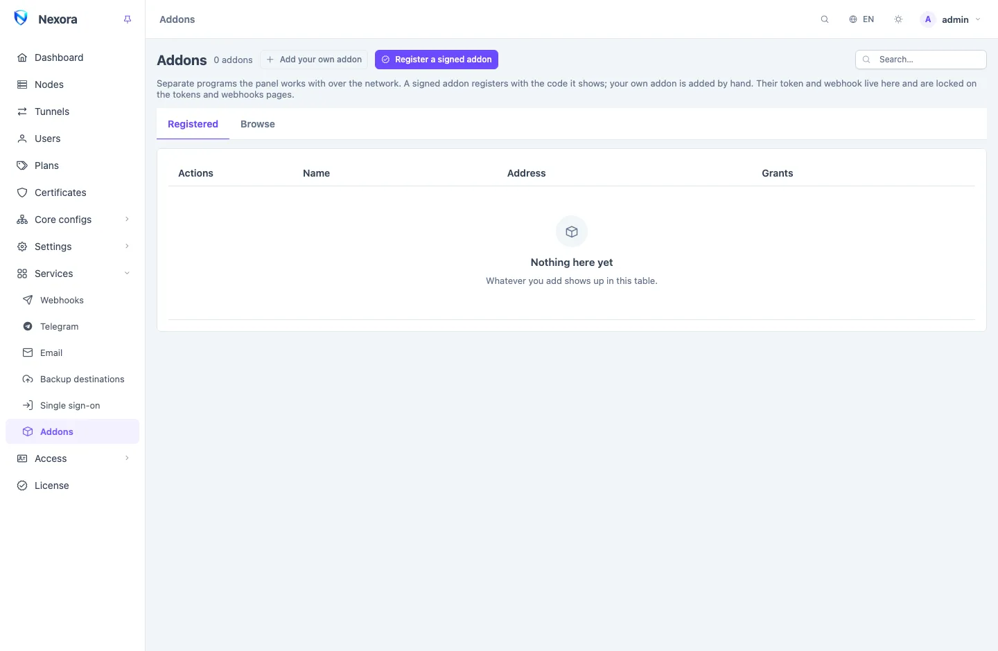 The Addons page: registered addons with their health and grants, and the Browse tab of the directory