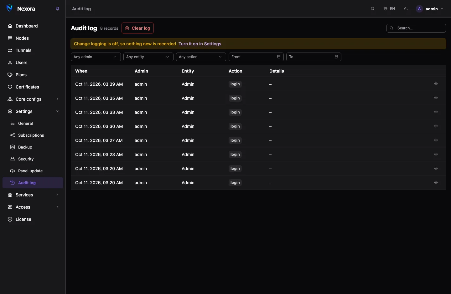 The audit log: filters for admin, entity, action and dates above a list of records with their time, admin, entity and action