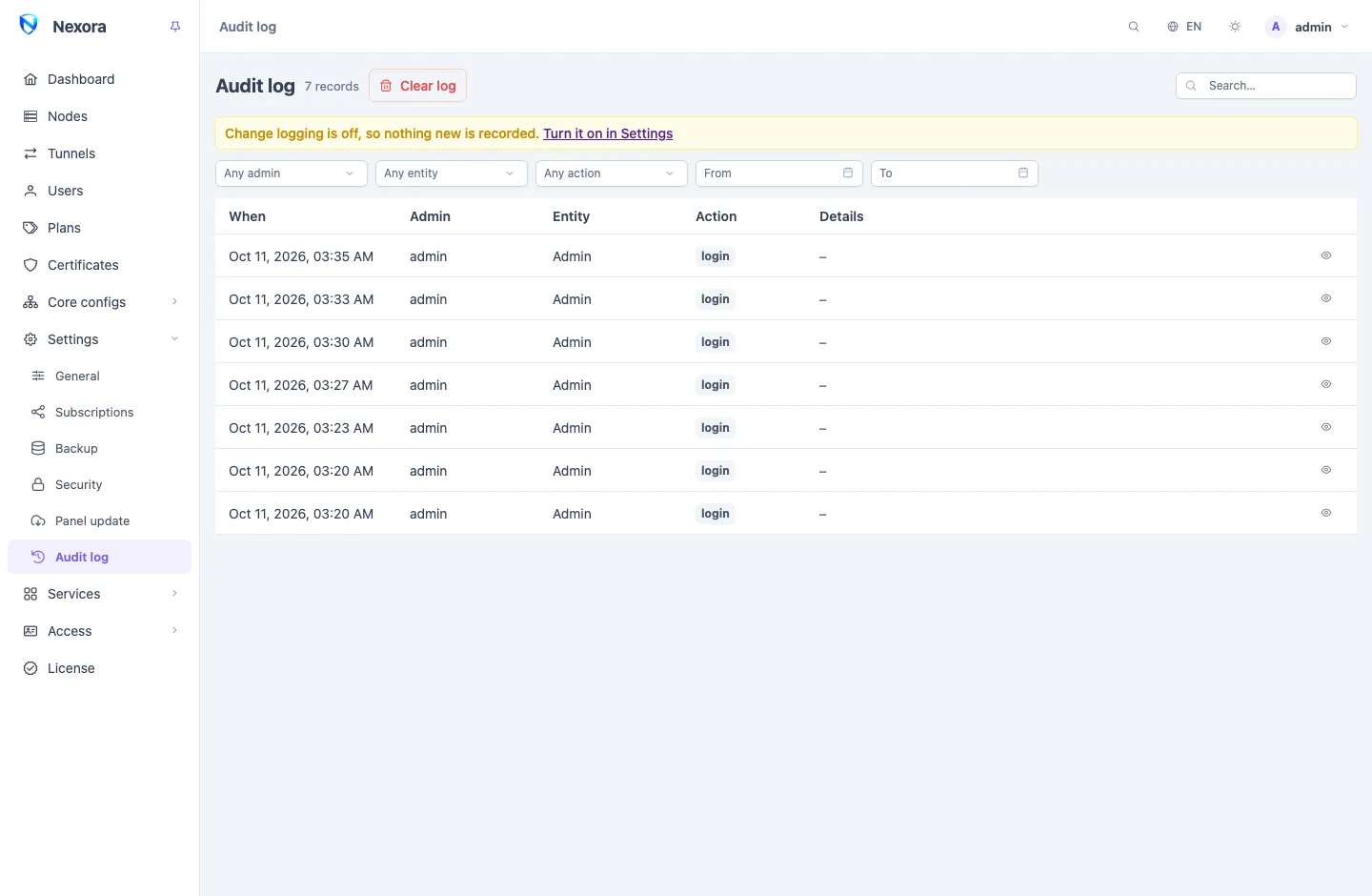The audit log: filters for admin, entity, action and dates above a list of records with their time, admin, entity and action
