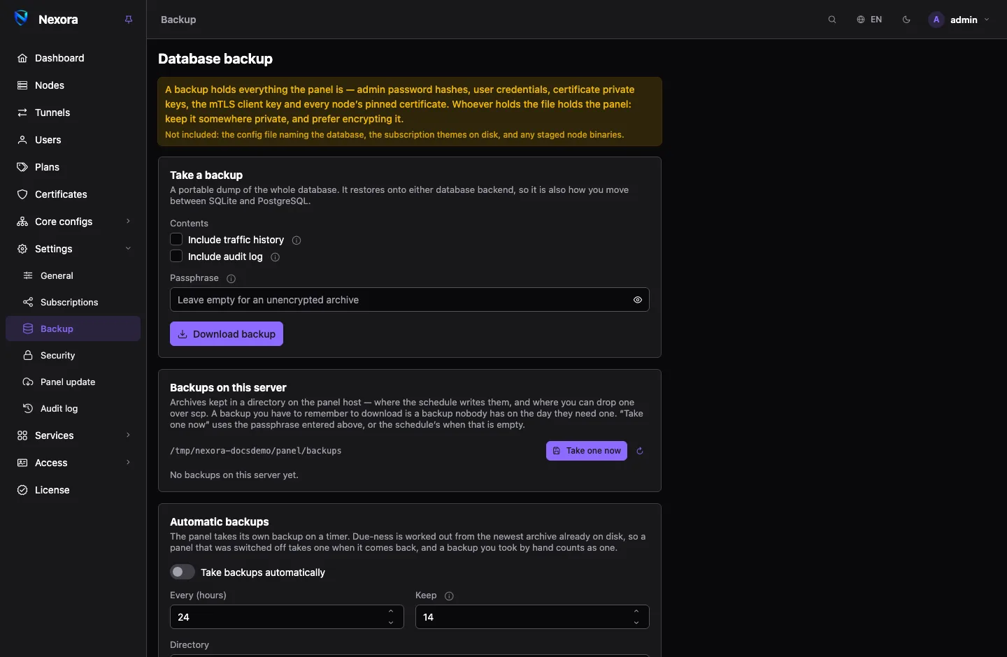 The Backup page: cards to take and download a backup, the list of backups kept on the server, the automatic backup schedule, and a drop area to check and restore an archive