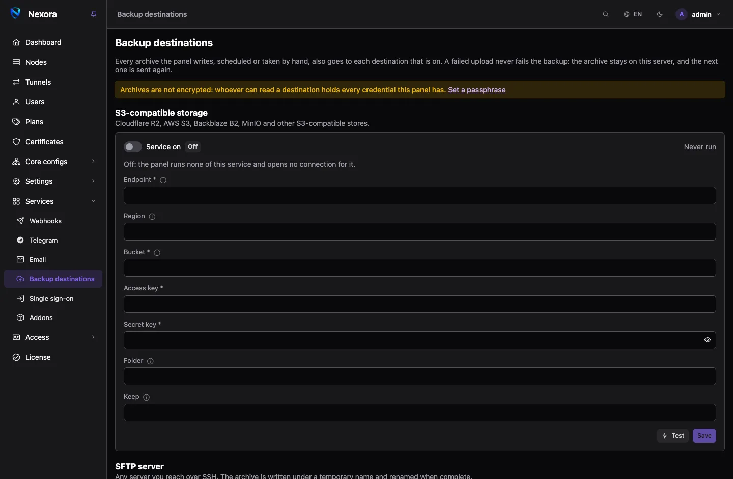 The Backup destinations page: three service cards, for S3-compatible storage, an SFTP server and Telegram