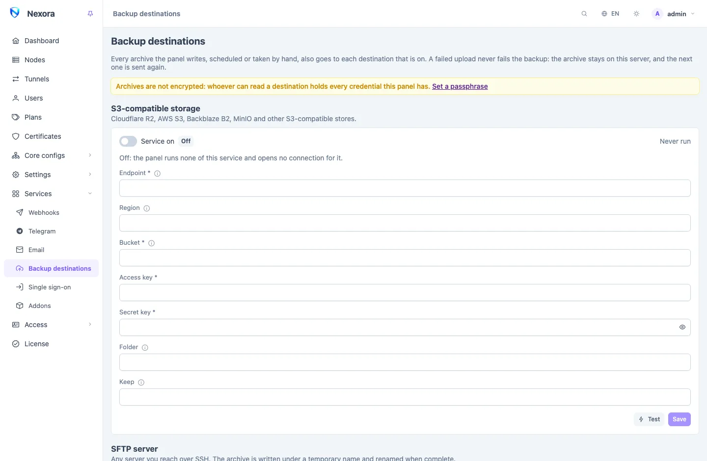 The Backup destinations page: three service cards, for S3-compatible storage, an SFTP server and Telegram