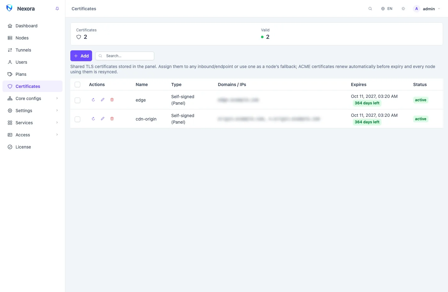 The Certificates page: a summary strip counting valid, expiring, expired, pending and failed certificates, above a list of names, types, domains and expiry dates