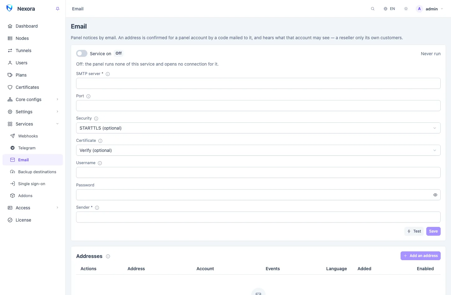 The Email page: the service card with the SMTP server settings, above the list of confirmed addresses