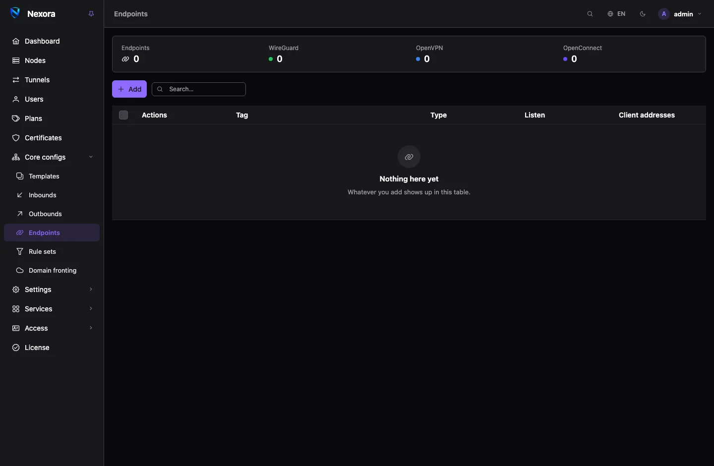 The Endpoints page: a list of endpoint tags and types, with the listen address and the client address pool of each