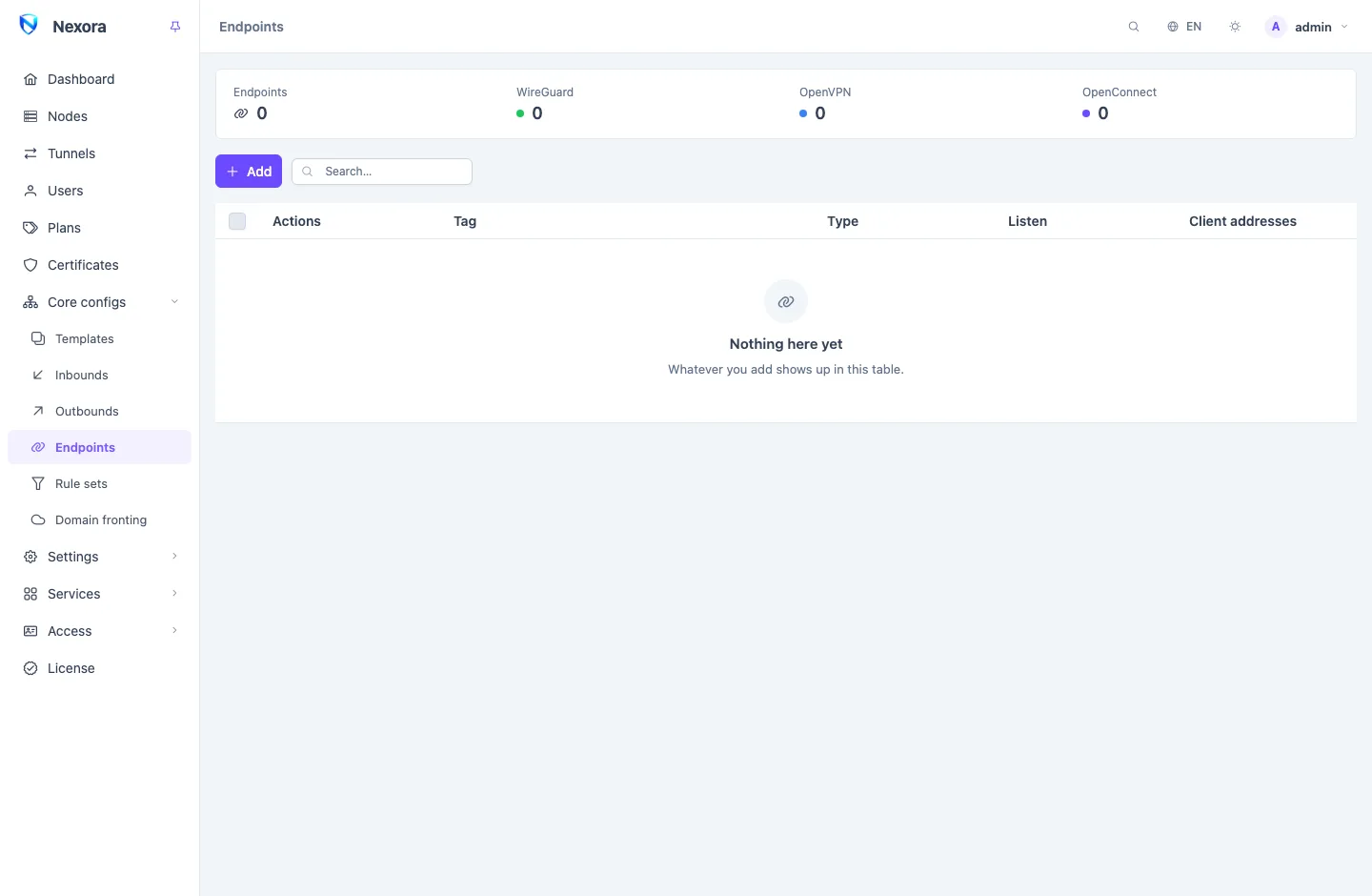 The Endpoints page: a list of endpoint tags and types, with the listen address and the client address pool of each
