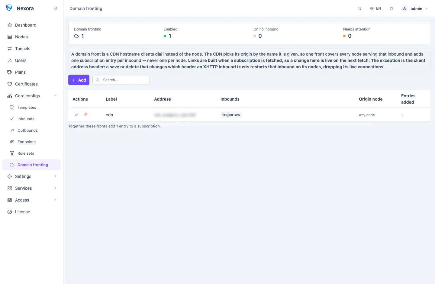 The Domain fronting page: a list of fronts with their label, CDN address, port, the inbounds each one is enabled on, and the entries it adds to a subscription