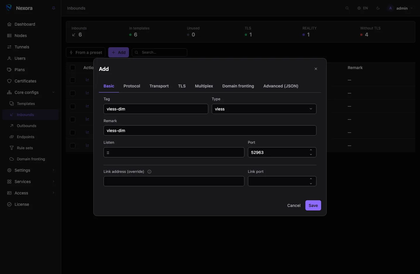 Add an inbound from a preset, with VLESS + REALITY first in the list