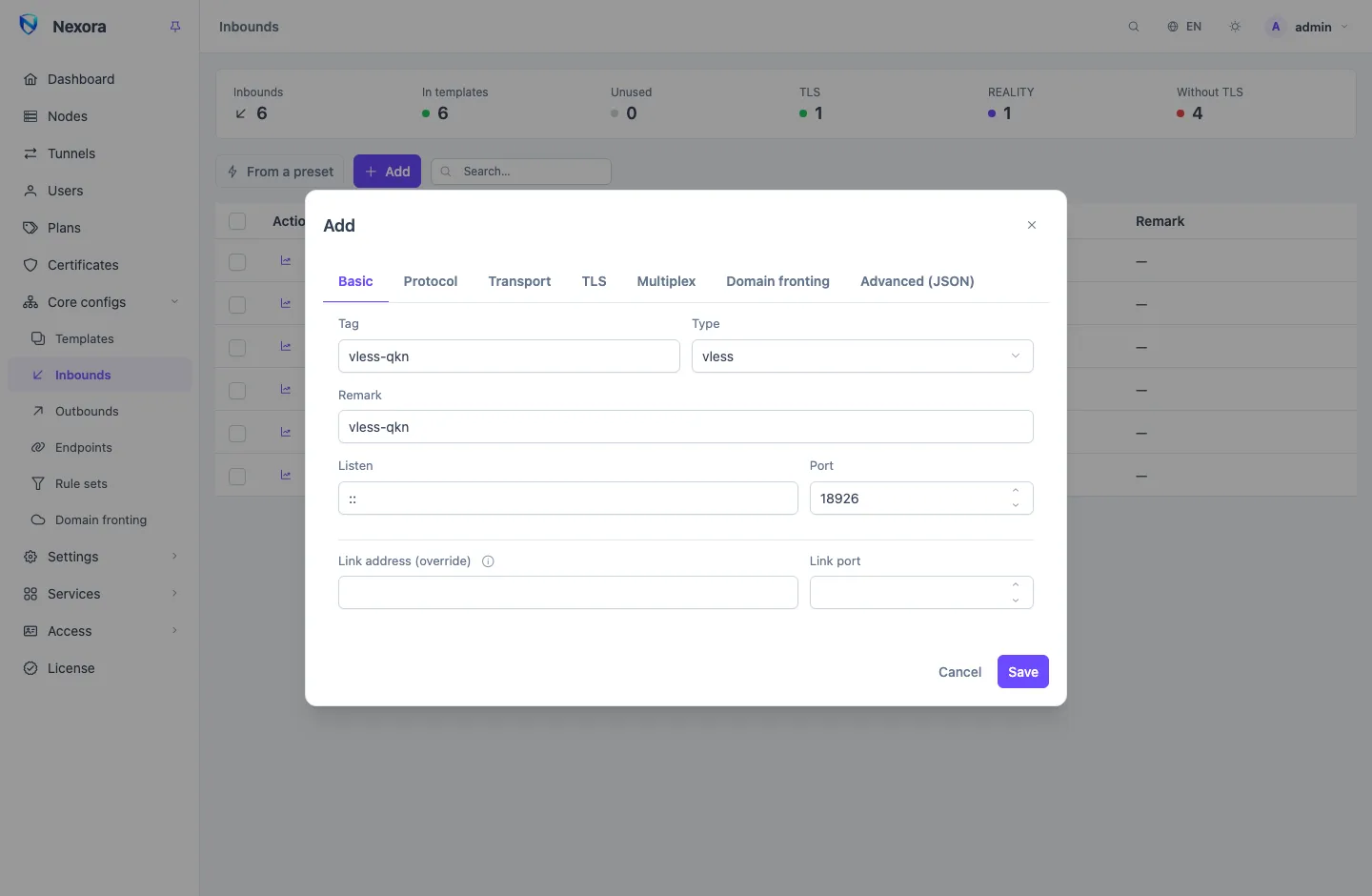 Add an inbound from a preset, with VLESS + REALITY first in the list