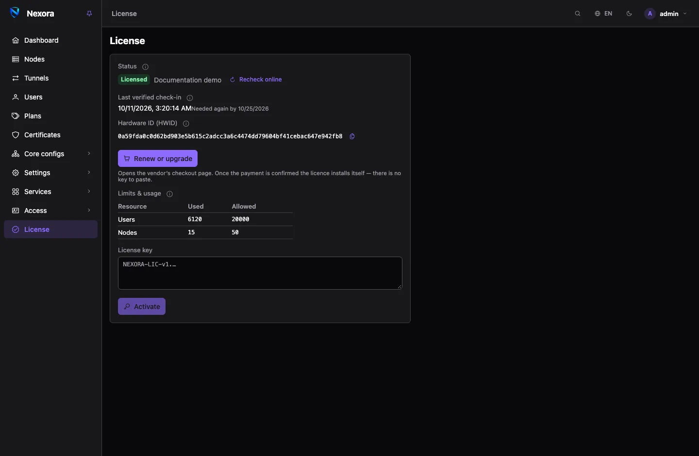 The License page: the status, the buy or renew button, the limits and usage table, and the licence key field