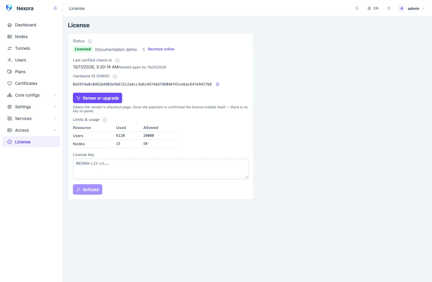 The License page: the status, the buy or renew button, the limits and usage table, and the licence key field