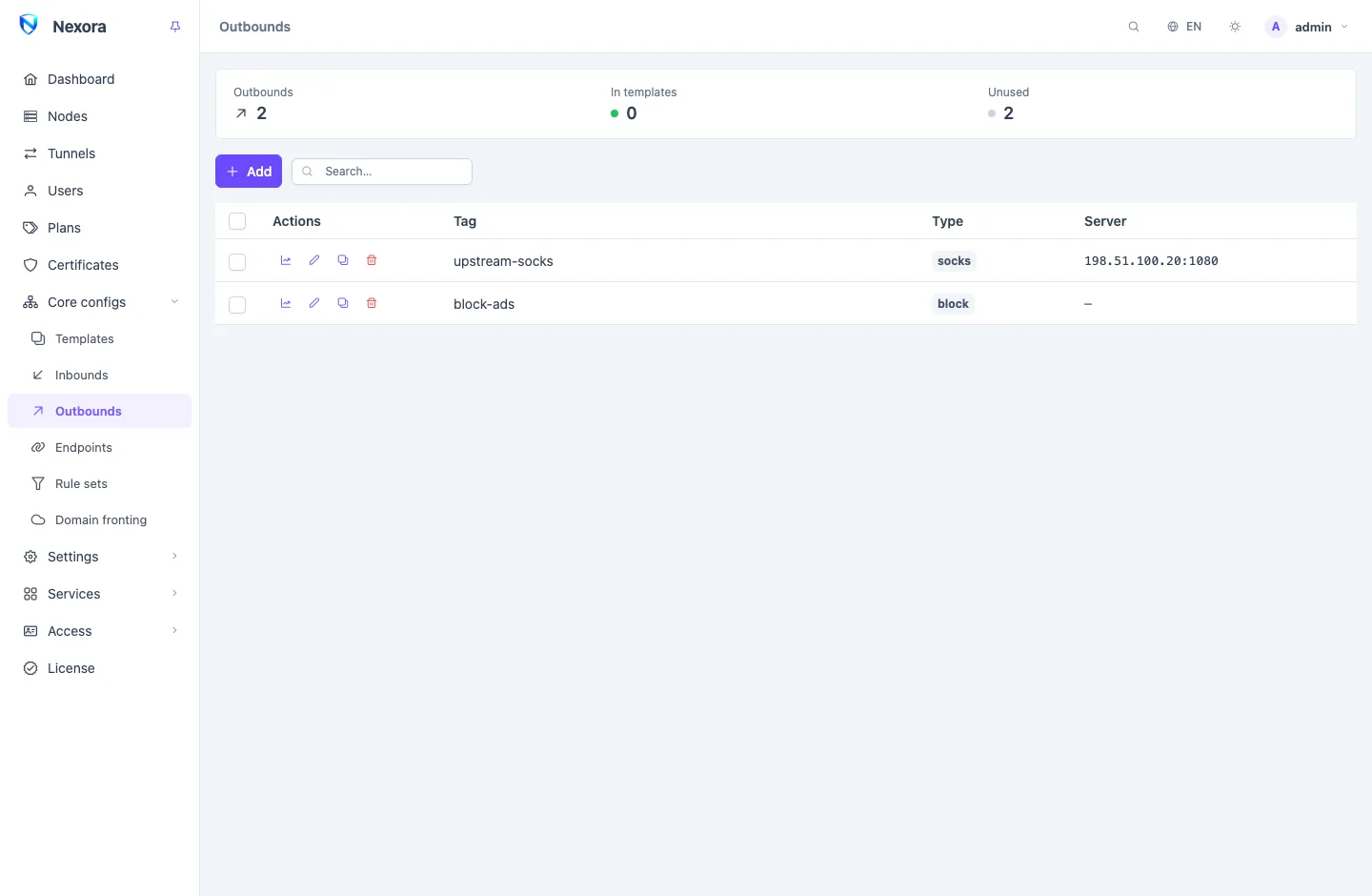 The Outbounds page: a summary strip counting outbounds in templates and unused, above a list of tags, types and servers