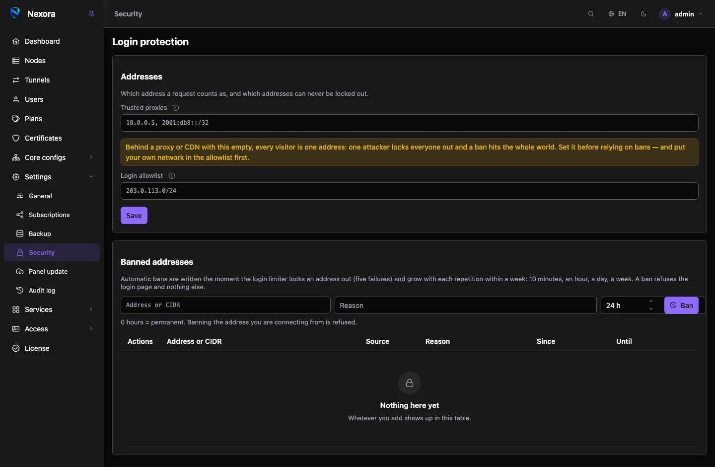 The Security page: the trusted proxies and login allowlist fields, and a list of banned addresses with their source, reason and expiry
