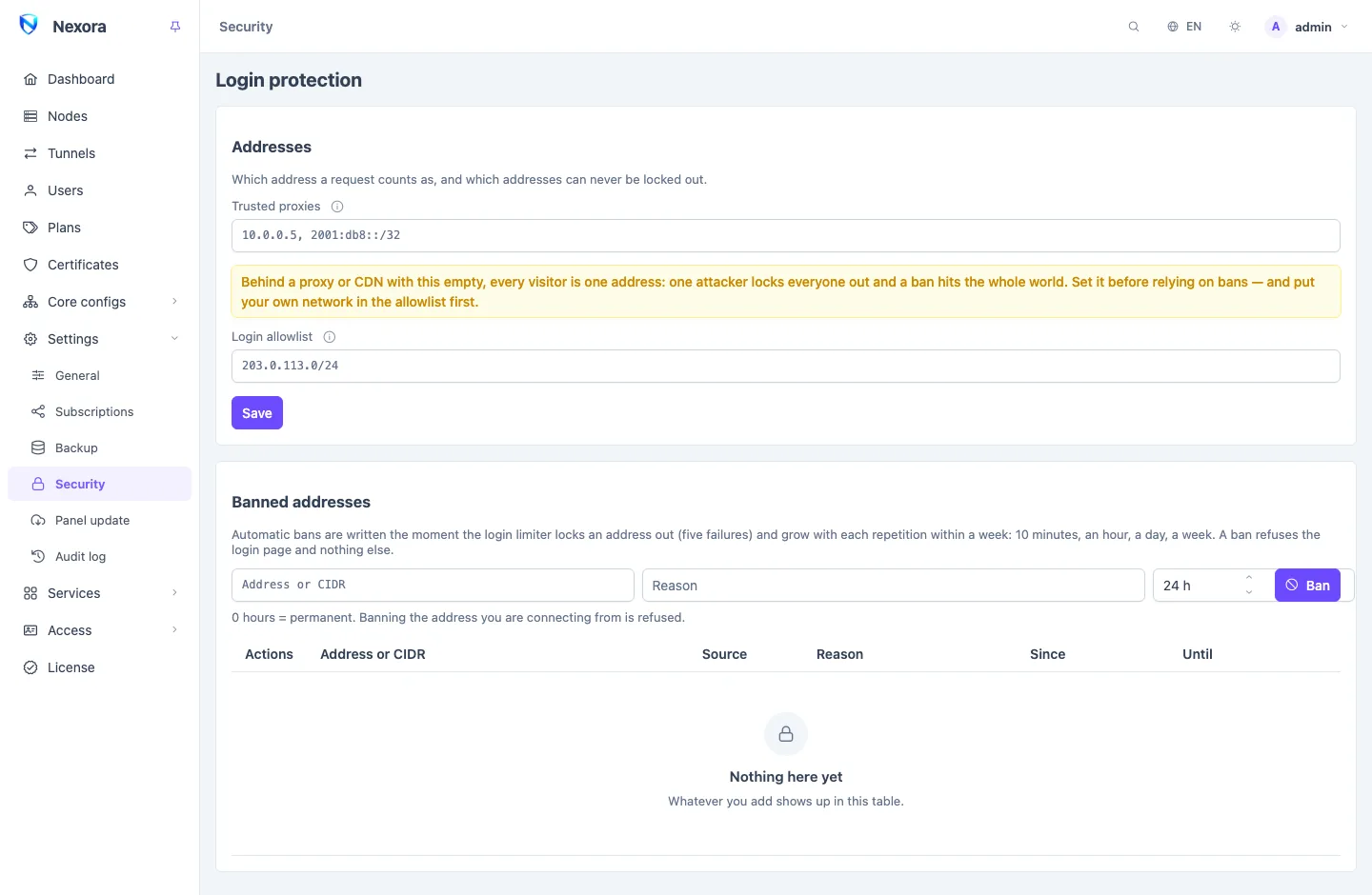 The Security page: the trusted proxies and login allowlist fields, and a list of banned addresses with their source, reason and expiry