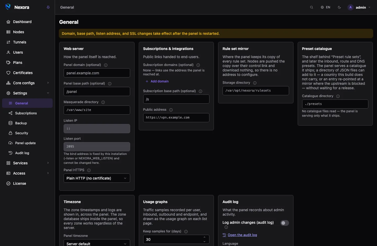 The General settings page: cards for the web server, subscriptions and integrations, the rule set mirror, the preset catalogue, timezone, usage graphs and the audit log