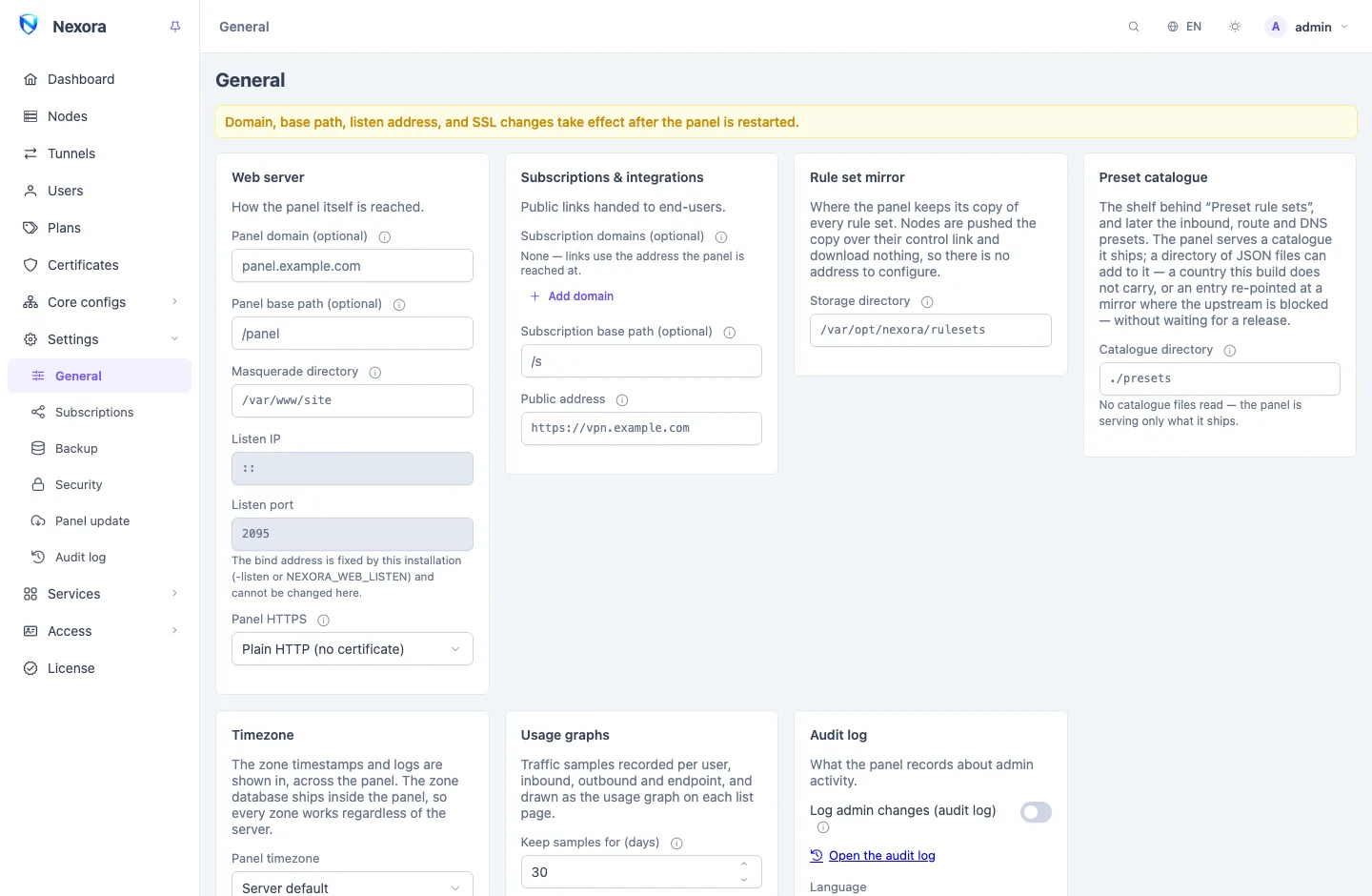 The General settings page: cards for the web server, subscriptions and integrations, the rule set mirror, the preset catalogue, timezone, usage graphs and the audit log