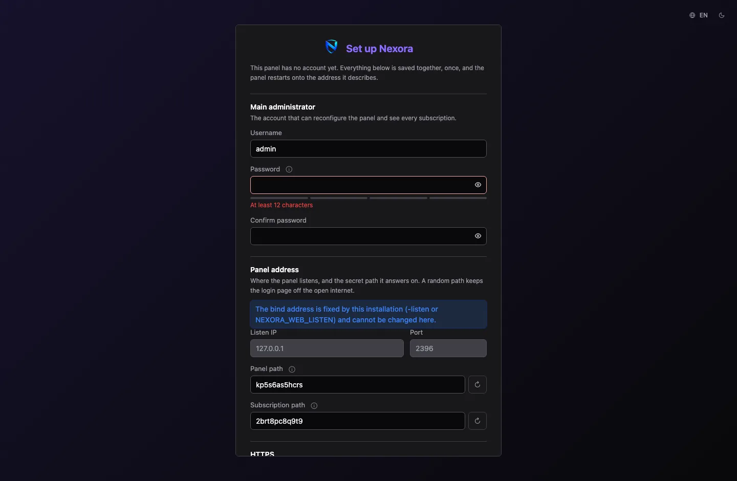 The Set up Nexora form: main administrator, panel address, HTTPS and time zone
