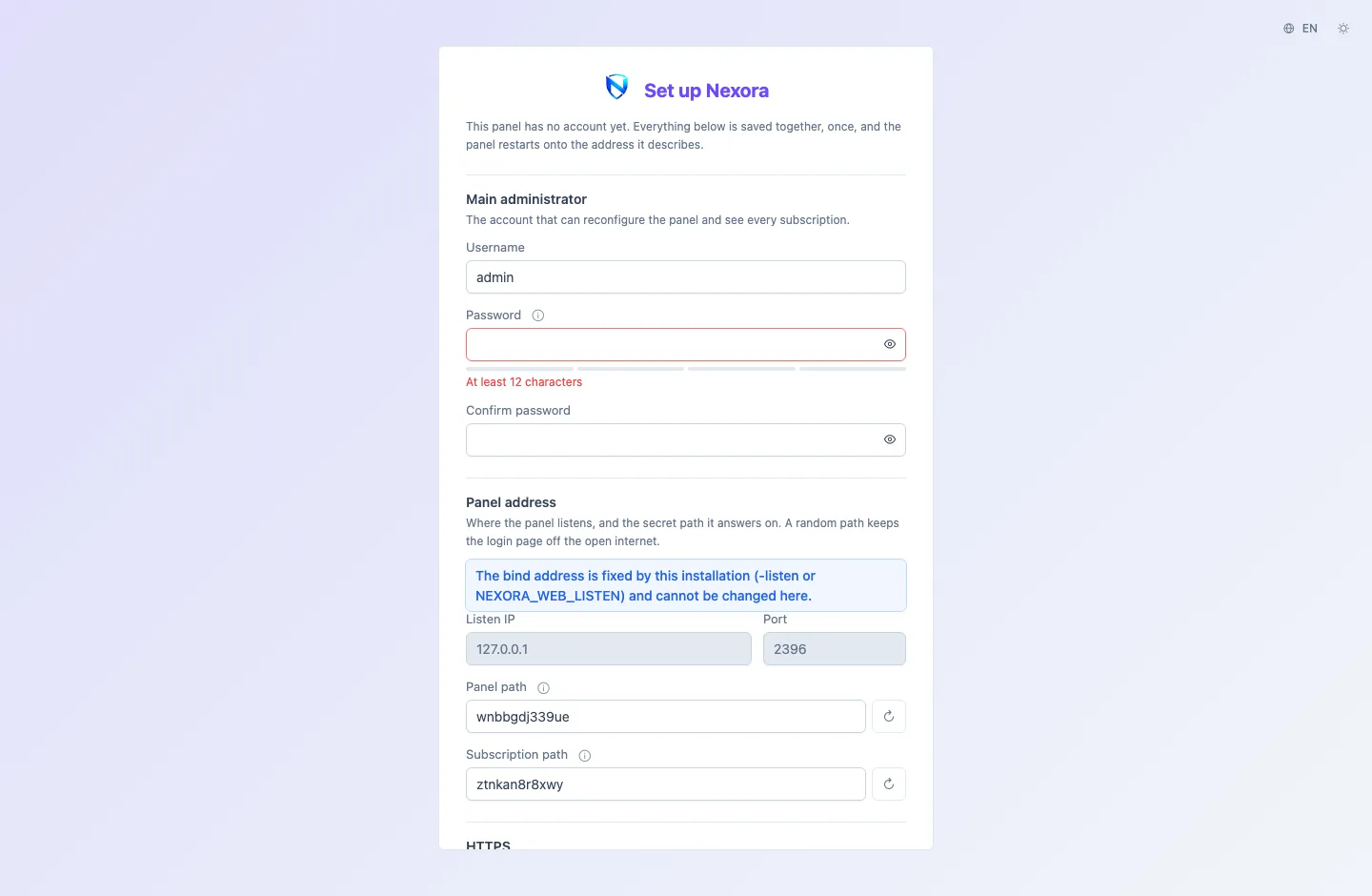 The Set up Nexora form: main administrator, panel address, HTTPS and time zone