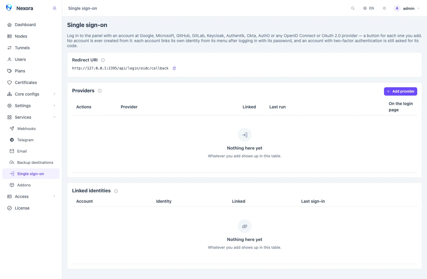 The Single sign-on page: the redirect URI to register, the list of providers, and the identities linked to accounts