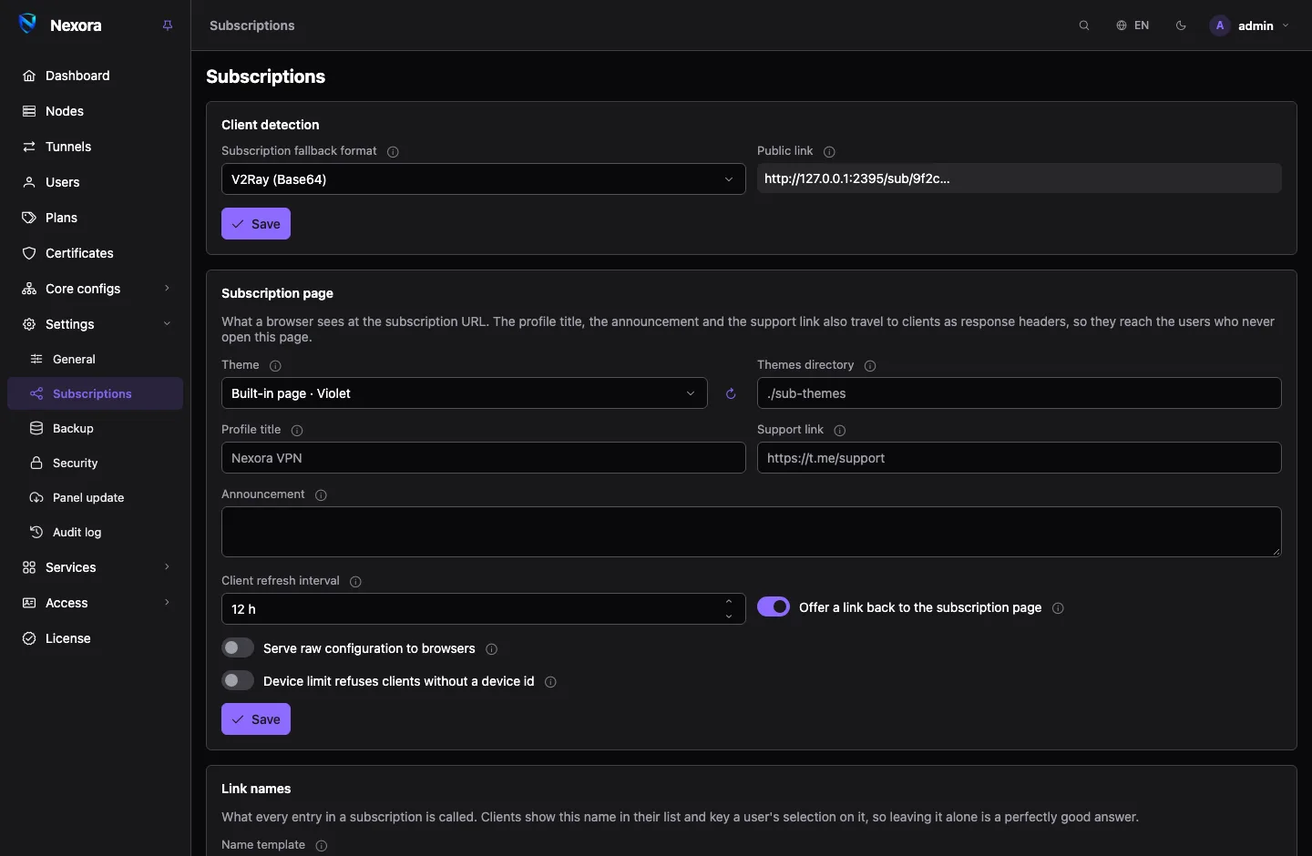 The Subscriptions settings page: cards for client detection, the subscription page and its theme, link names with a preview, and the base configuration for each format