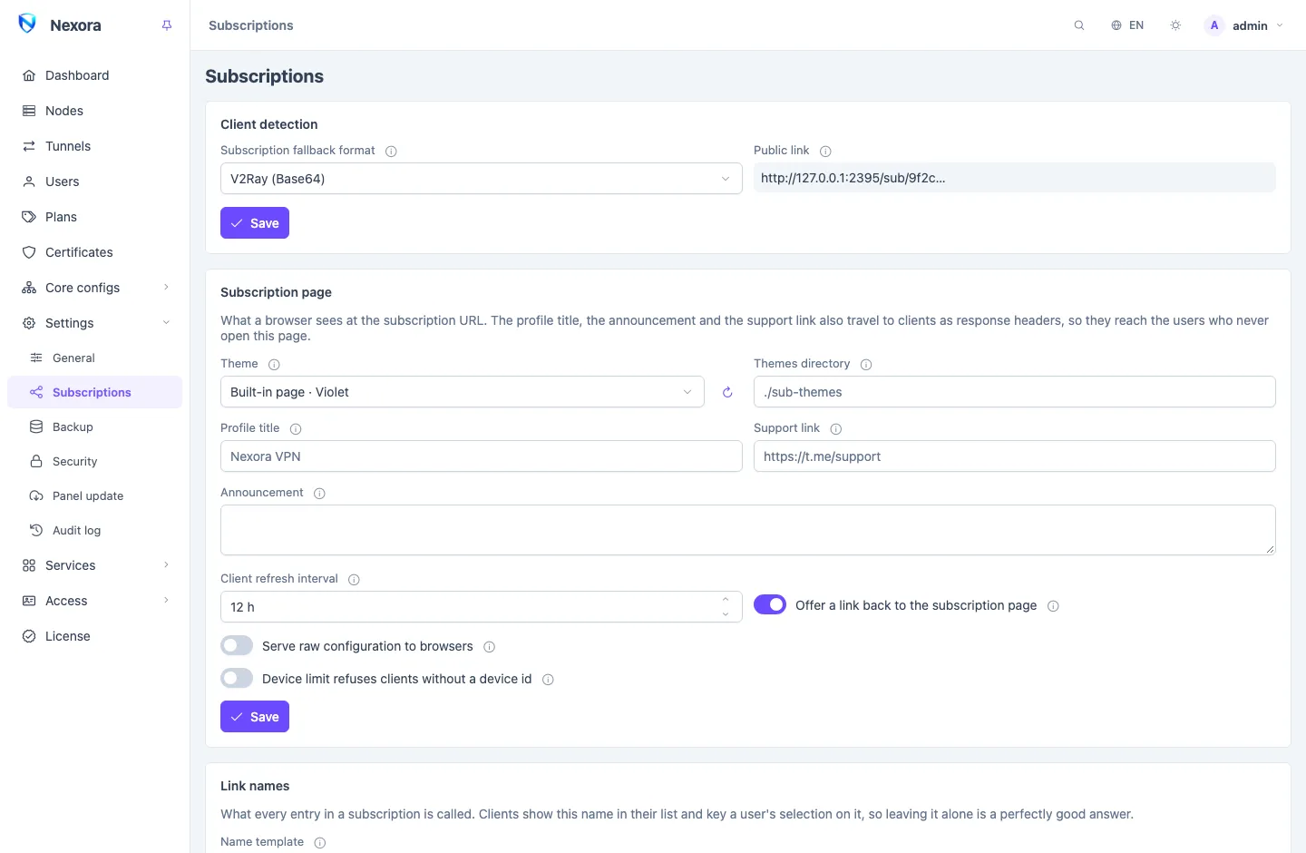 The Subscriptions settings page: cards for client detection, the subscription page and its theme, link names with a preview, and the base configuration for each format