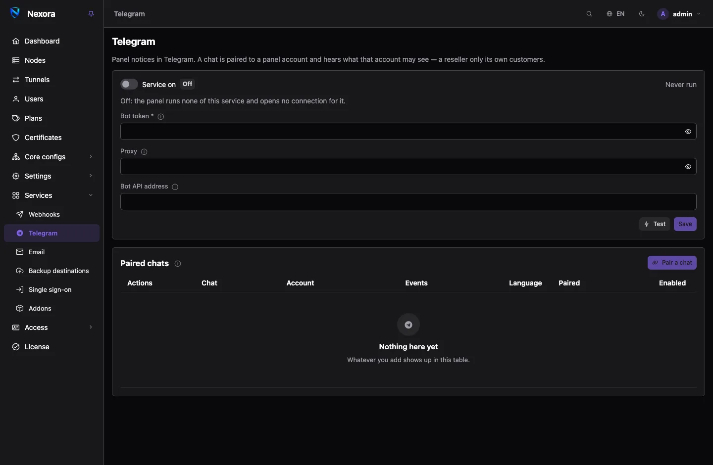 The Telegram page: the service card with the bot token, proxy and Bot API address, above the list of paired chats