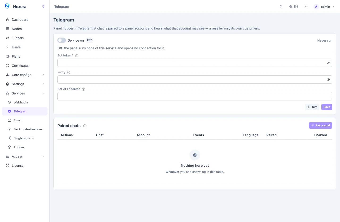 The Telegram page: the service card with the bot token, proxy and Bot API address, above the list of paired chats