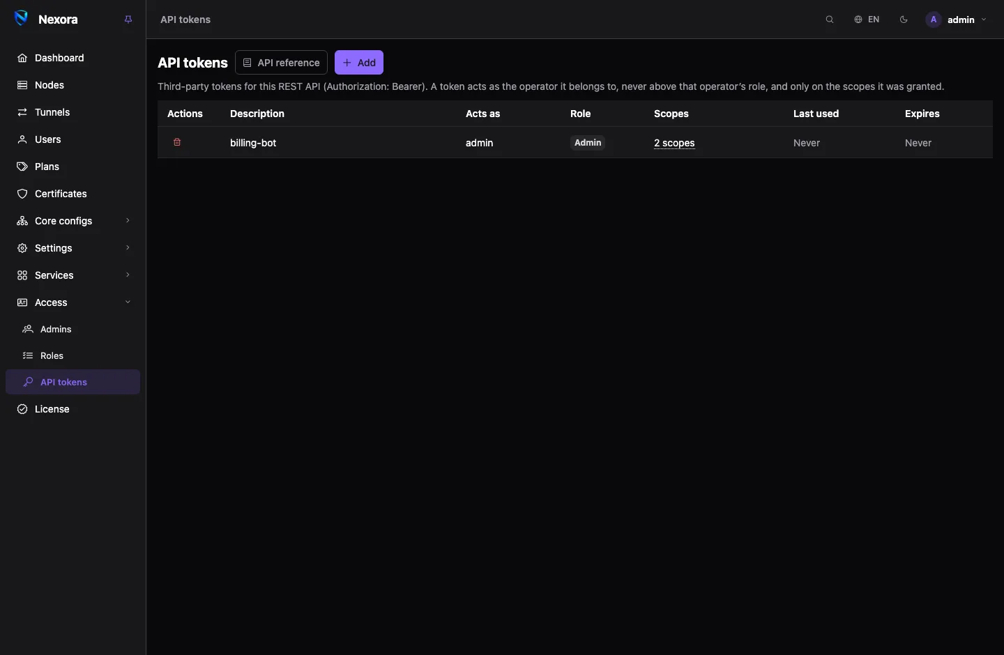 The API tokens page: a list of tokens with the admin each acts as, its role, scopes, last use and expiry