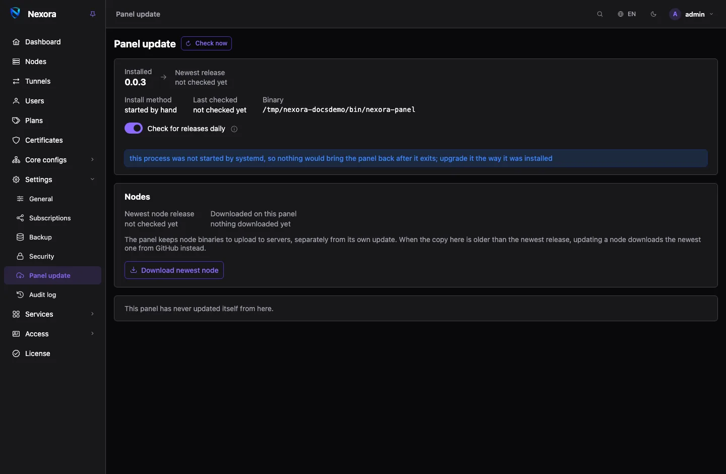 The Panel update page: installed and newest version, the update button and the nodes section