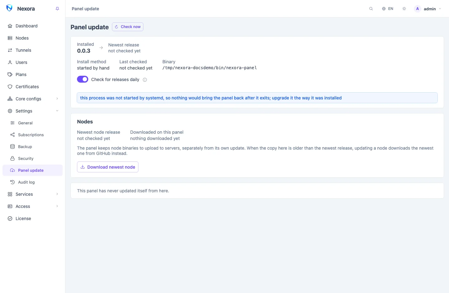 The Panel update page: installed and newest version, the update button and the nodes section