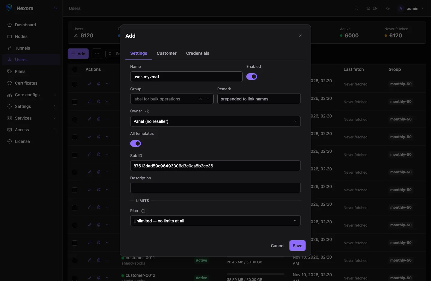 The new user form: name, group, templates, then the plan picker and the limits