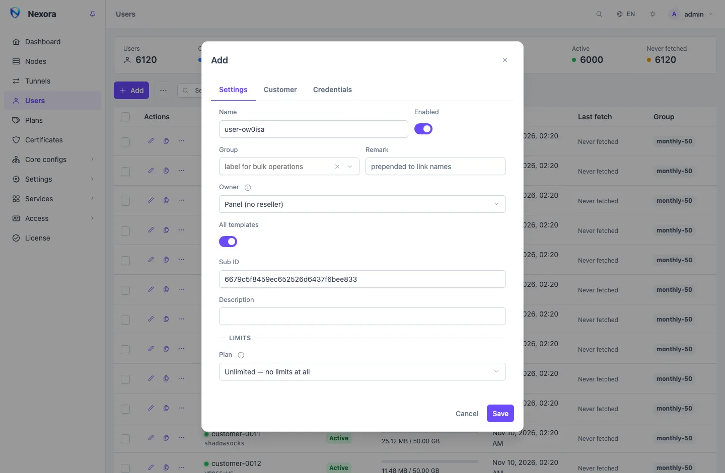 The new user form: name, group, templates, then the plan picker and the limits