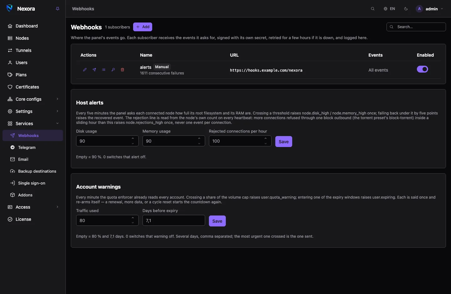 The Webhooks page: a list of subscribers with their address, events and switch, above the host alert and account warning thresholds