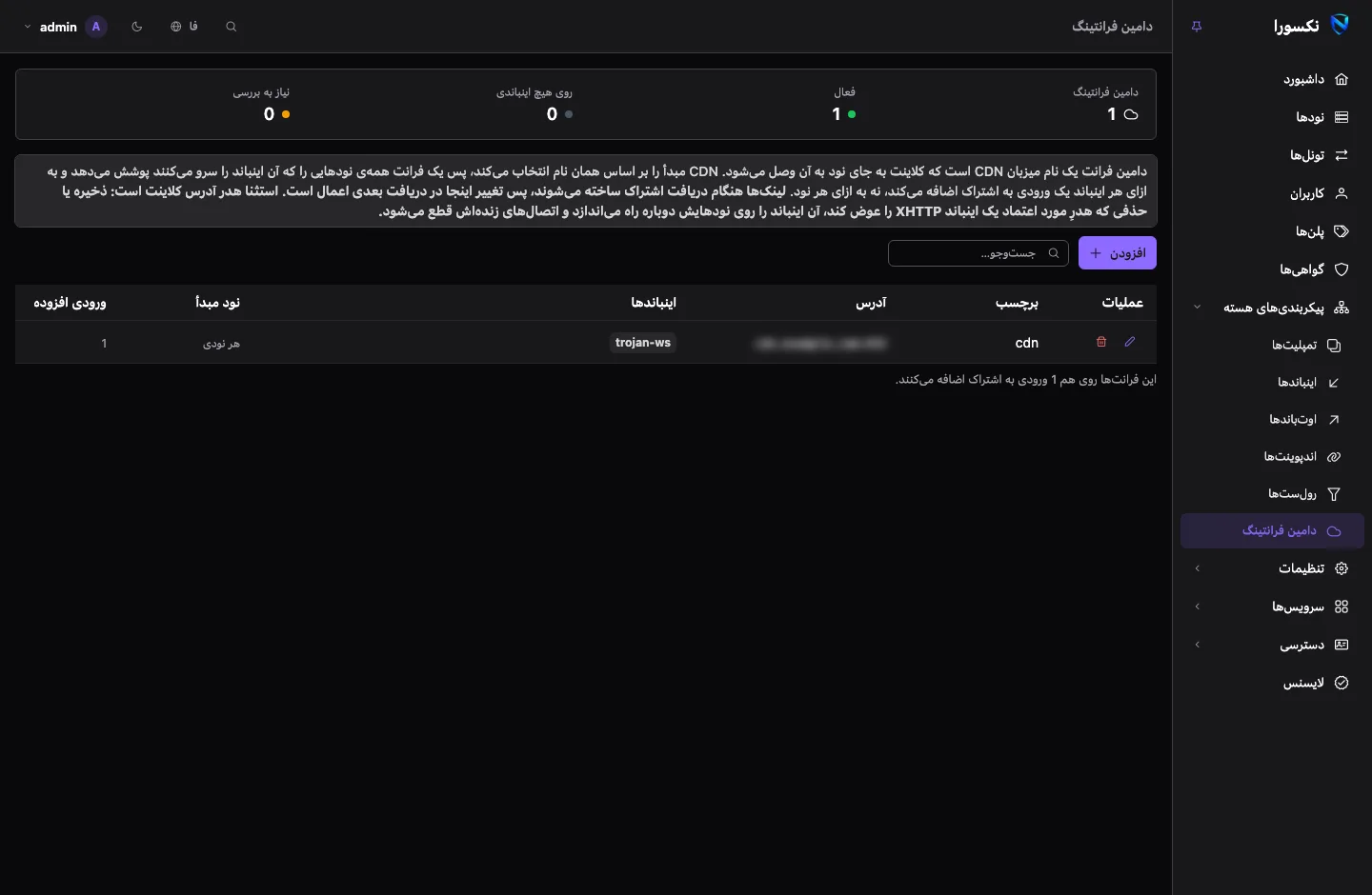 صفحه‌ی دامین فرانتینگ: فهرستی از فرانت‌ها با برچسب، آدرس CDN، پورت، اینباندهایی که هر کدام روی آن‌ها فعال است، و ورودی‌هایی که به اشتراک اضافه می‌کند
