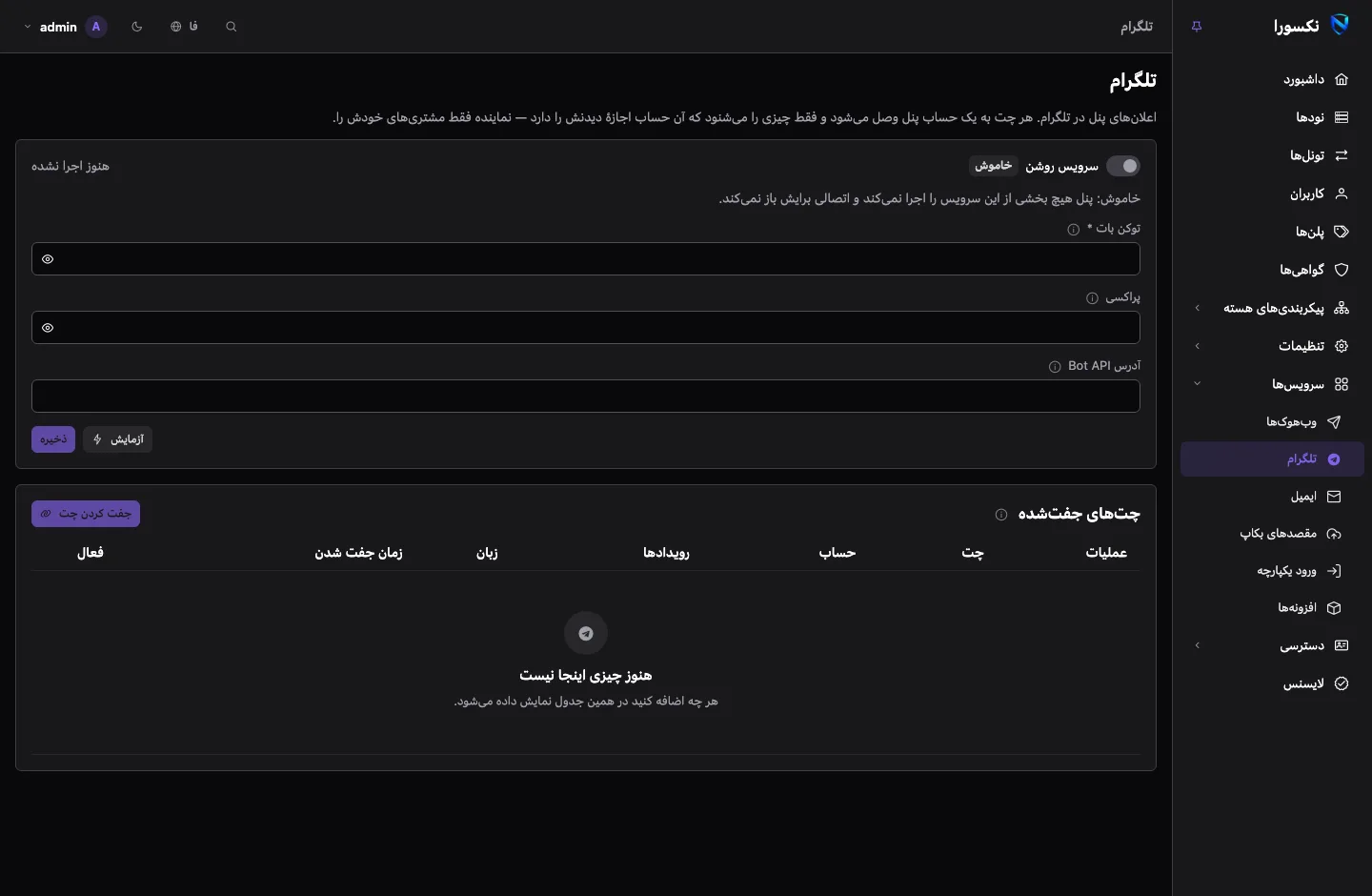 صفحه‌ی تلگرام: کارت سرویس با توکن بات، پراکسی و آدرس Bot API، بالای فهرست چت‌های جفت‌شده