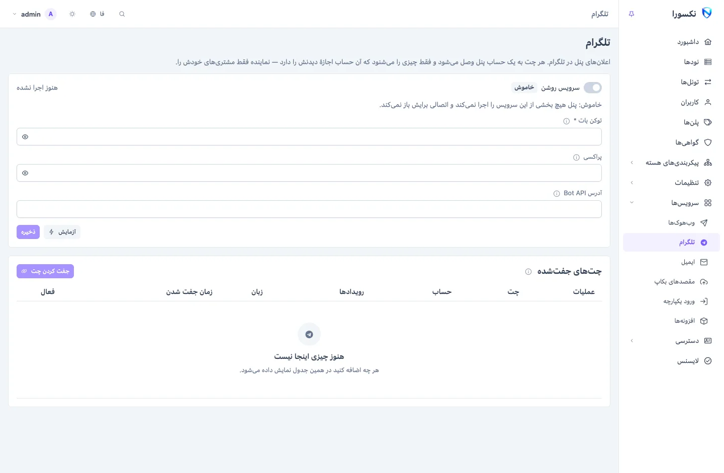 صفحه‌ی تلگرام: کارت سرویس با توکن بات، پراکسی و آدرس Bot API، بالای فهرست چت‌های جفت‌شده