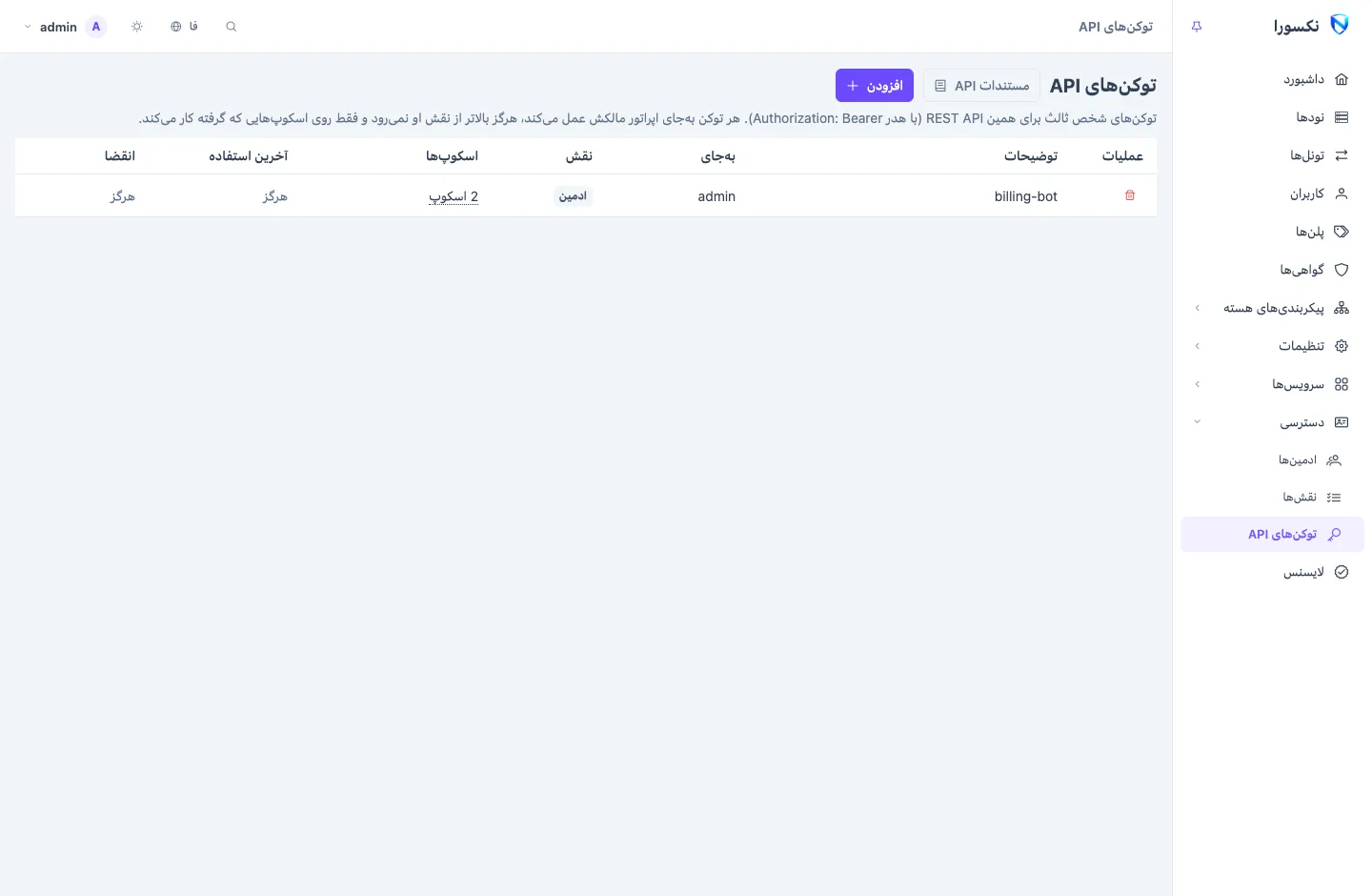 صفحه‌ی توکن‌های API: فهرستی از توکن‌ها با ادمینی که هر کدام به‌جایش عمل می‌کند، نقش، اسکوپ‌ها، آخرین استفاده و انقضا